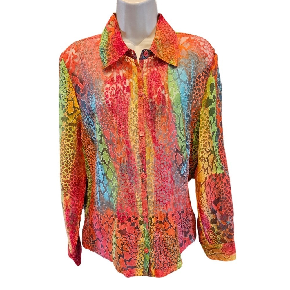 Erin London rainbow ombre linen blend semi Sheer long sleeve button up M EUC ^